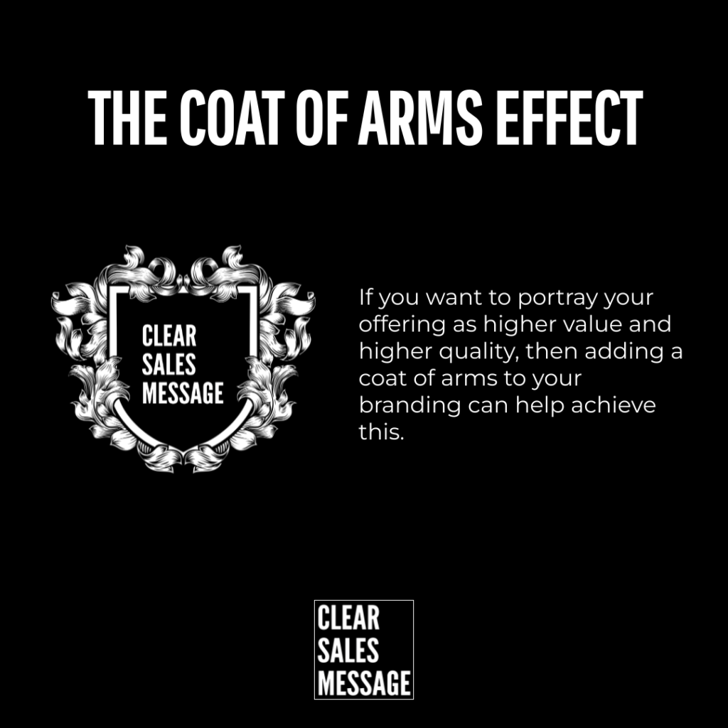 Black slide with bold the coat of arms effect title ornate crest on left reading clear sales message and right hand paragraph about branding small bottom logo