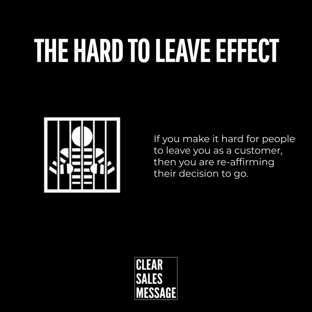 The hard to leave effect Black background with the white title the hard to leave effect a jail bar icon left of a retention quote and a small clear sales message logo at the bottom center