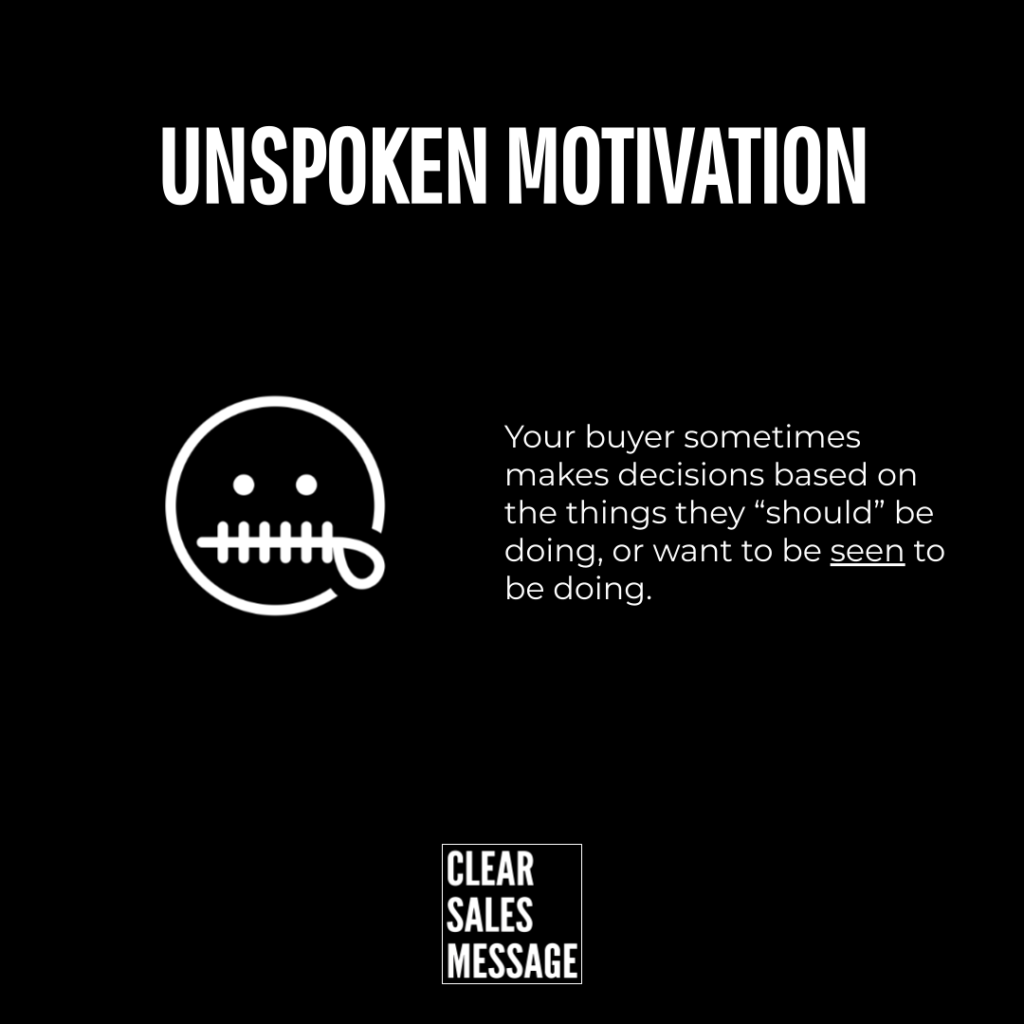Unspoken motivation Black poster with the title unspoken motivation a zipper mouth icon on the left and text about buyers acting on what they should or want to be seen doing includes a clear sales message logo