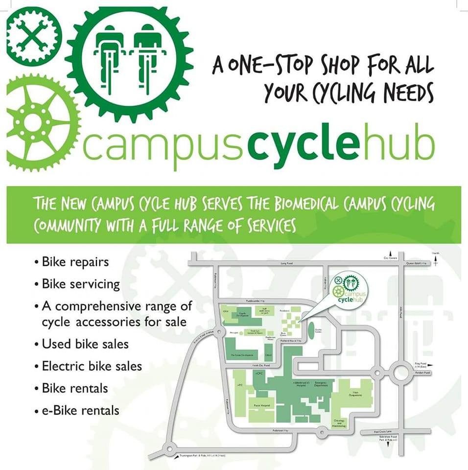 Campus cycle hub poster with green gear logos campus cycle hub text and a service list beneath a map layout
