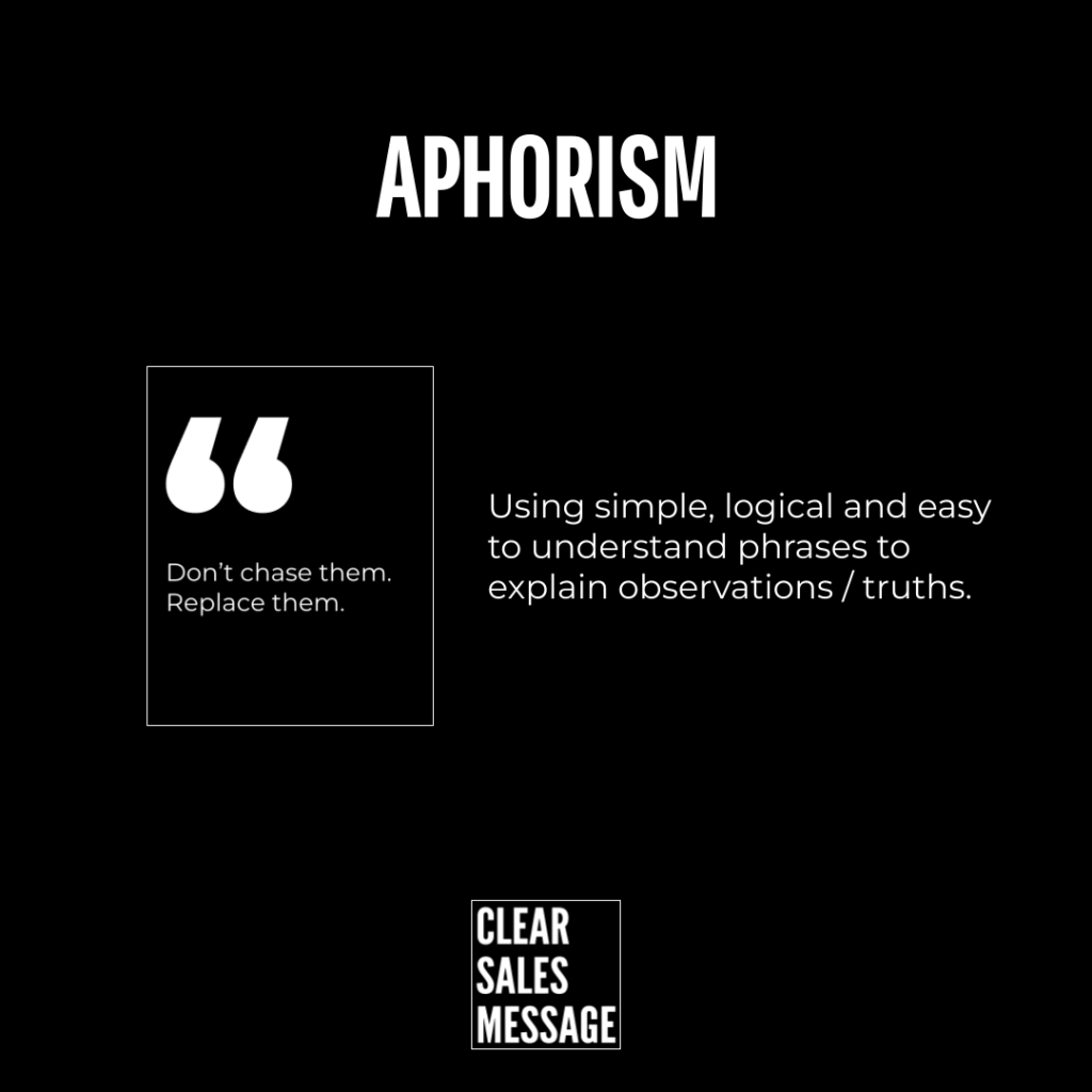 Black infographic with the word aphorism at top left a quote box saying dont chase them Replace them  right a paragraph about using simple phrases to explain observations bottom center logo reads clear sales message