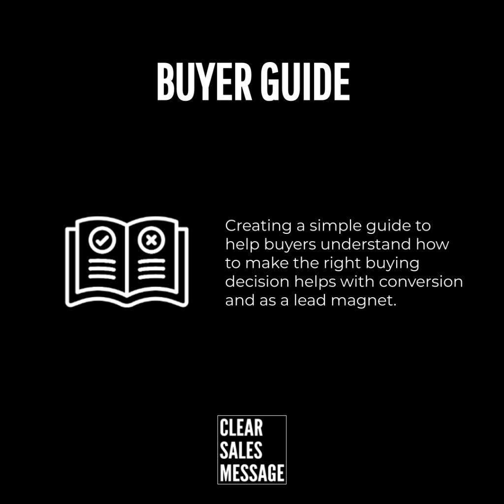 Hero banner for buyer guide featuring an open book icon and explanatory text about a simple buyer guide includes clear sales message logo at the bottom