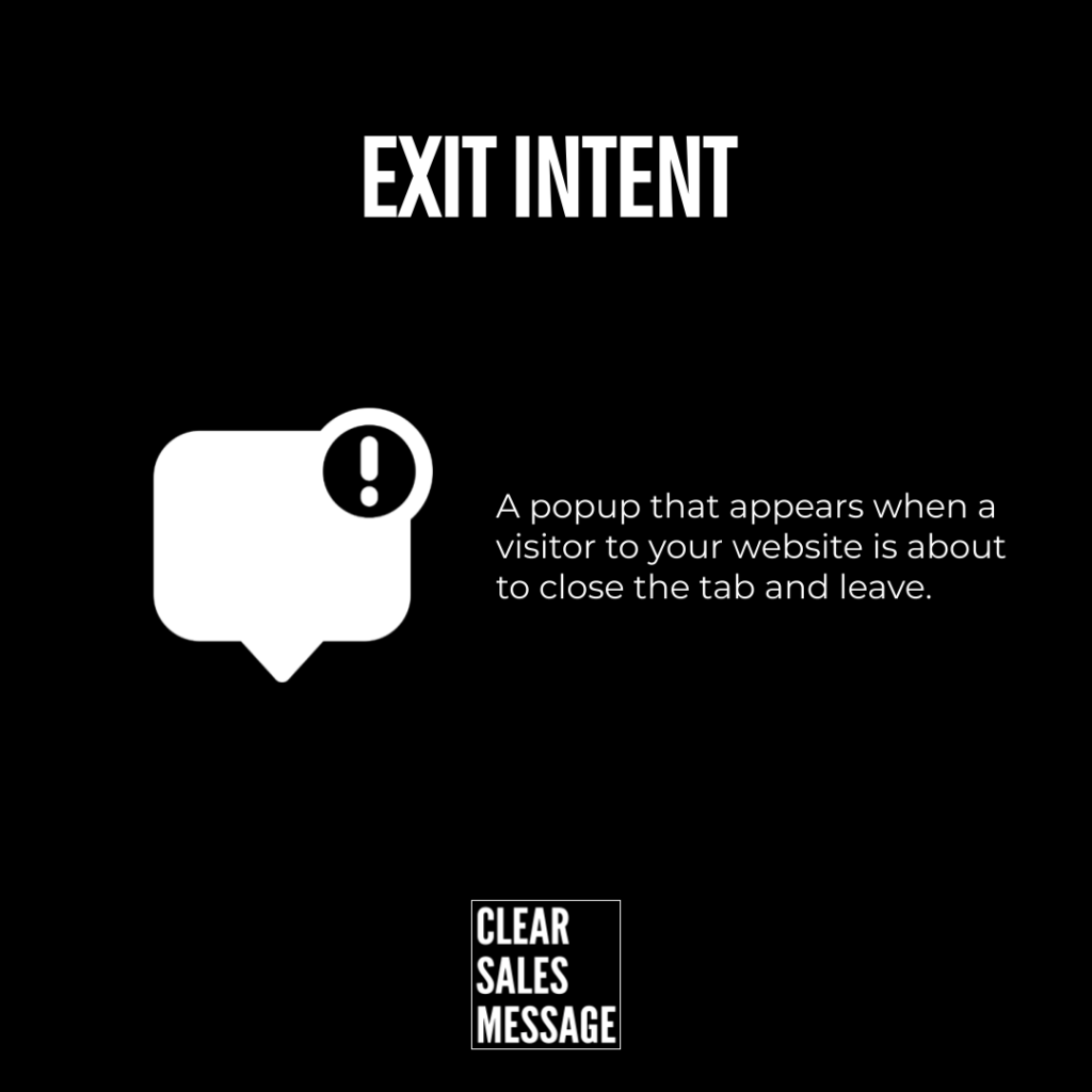 Black page with the heading exit intent a white popup icon with an exclamation mark and explanatory text about an exitintent popup brand logo bottom