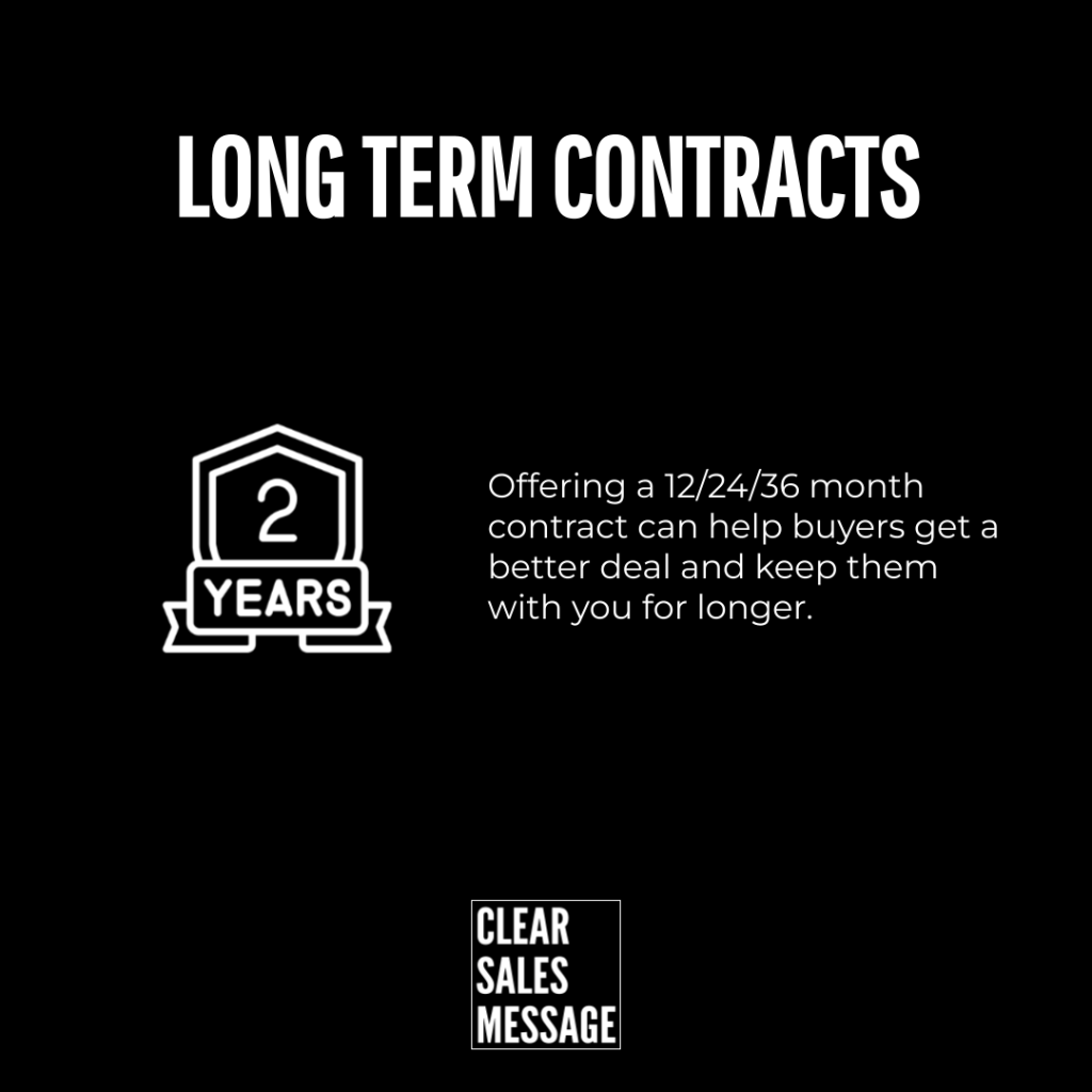 Marketing slide black background with the headline long term contracts a white 2 years badge on the left and the supporting text about 122436 month contracts small clear sales message logo at bottom