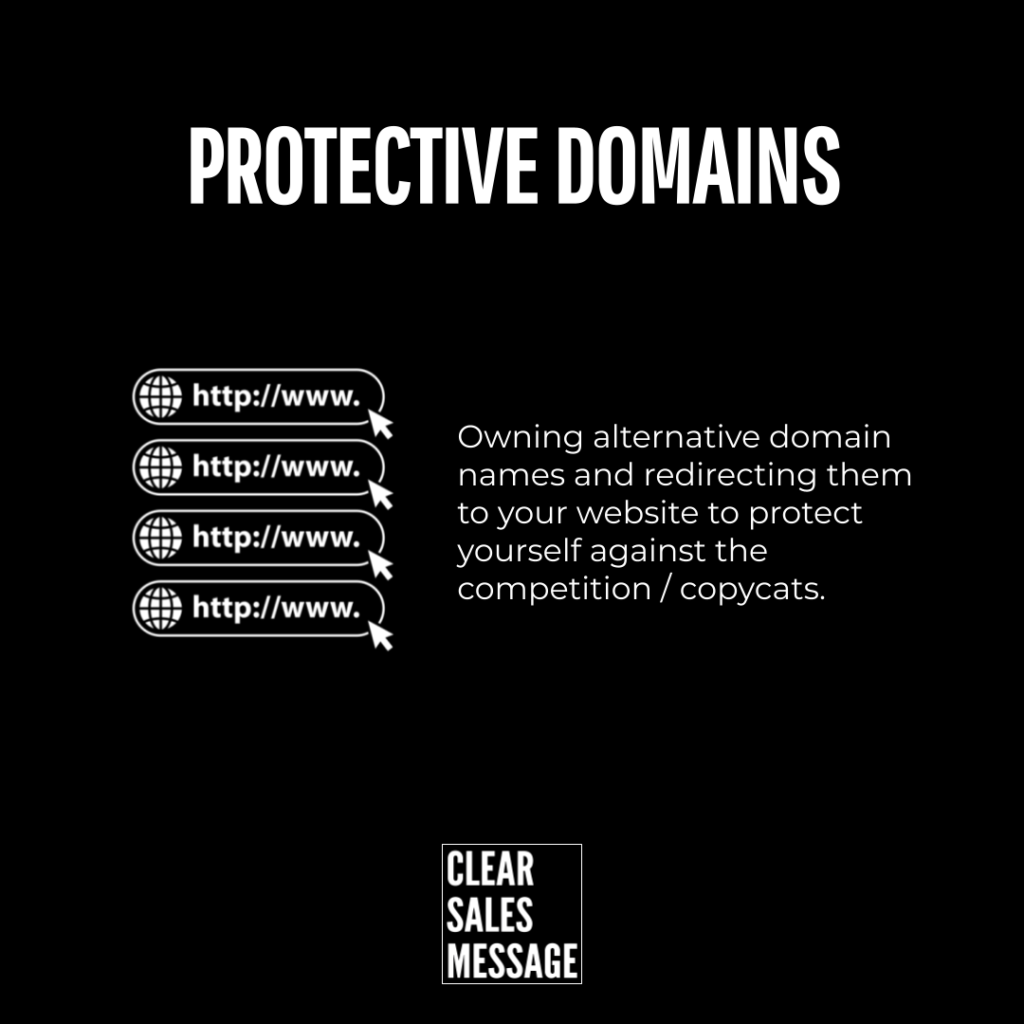 Protective domains Protective domains title with four domain icons and explanatory text about owning alternative domains to redirect to your site clear sales message logo at bottom