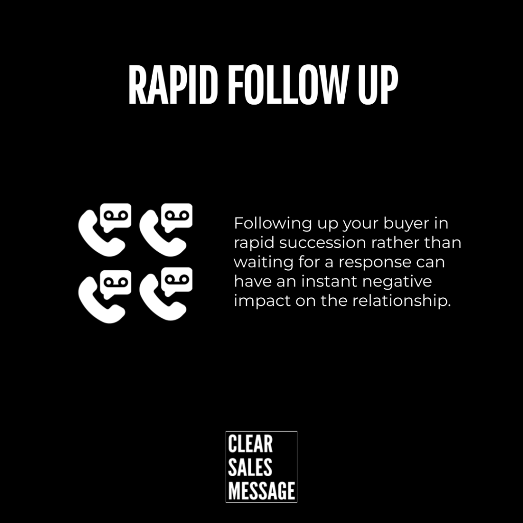 Poster style graphic with the headline rapid follow up four white phonechat icons and text warning that rapid buyer follow ups can harm relationships plus a clear sales message logo at the bottom