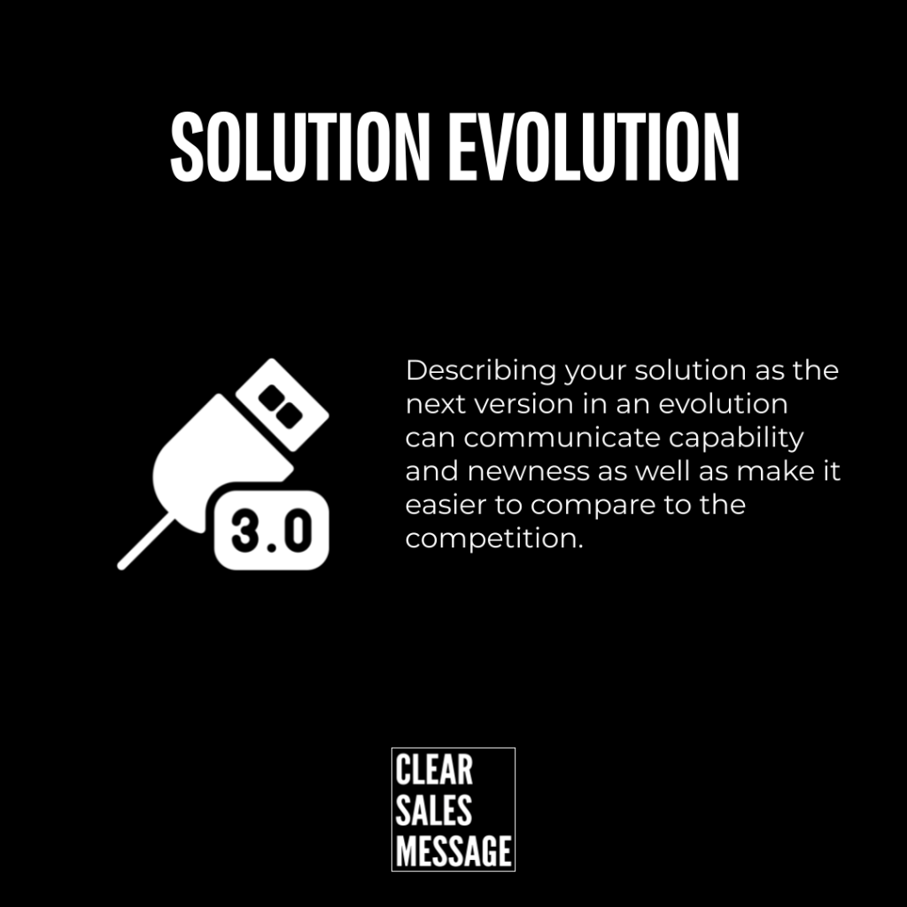 Bold solution evolution headline on black background with a white usb 3 0 plug icon and a paragraph about describing your solutions evolution small clear sales message logo at the bottom