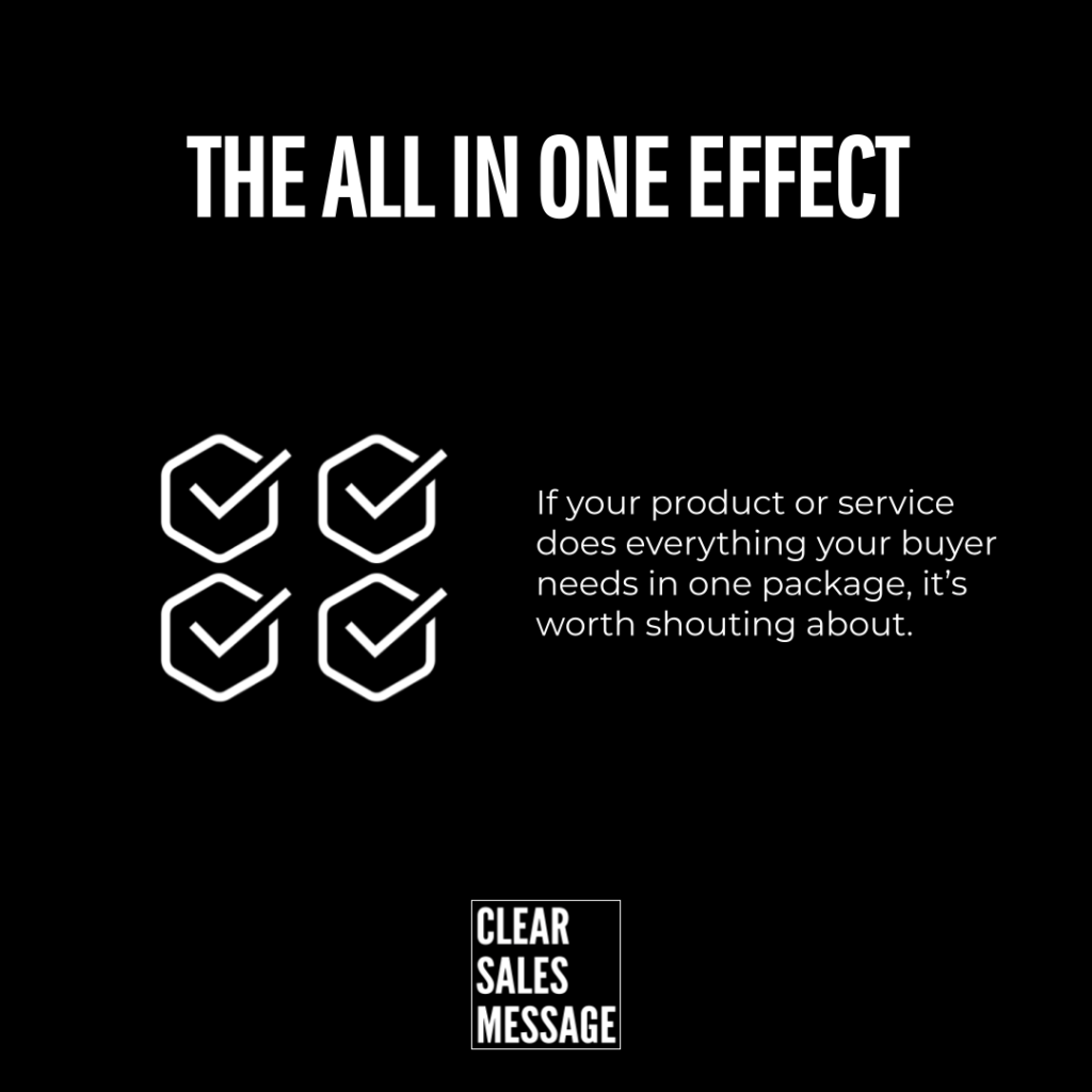 The all in one effect Marketing hero black background bold the all in one effect four check icons on left supporting text on right small clear sales message logo
