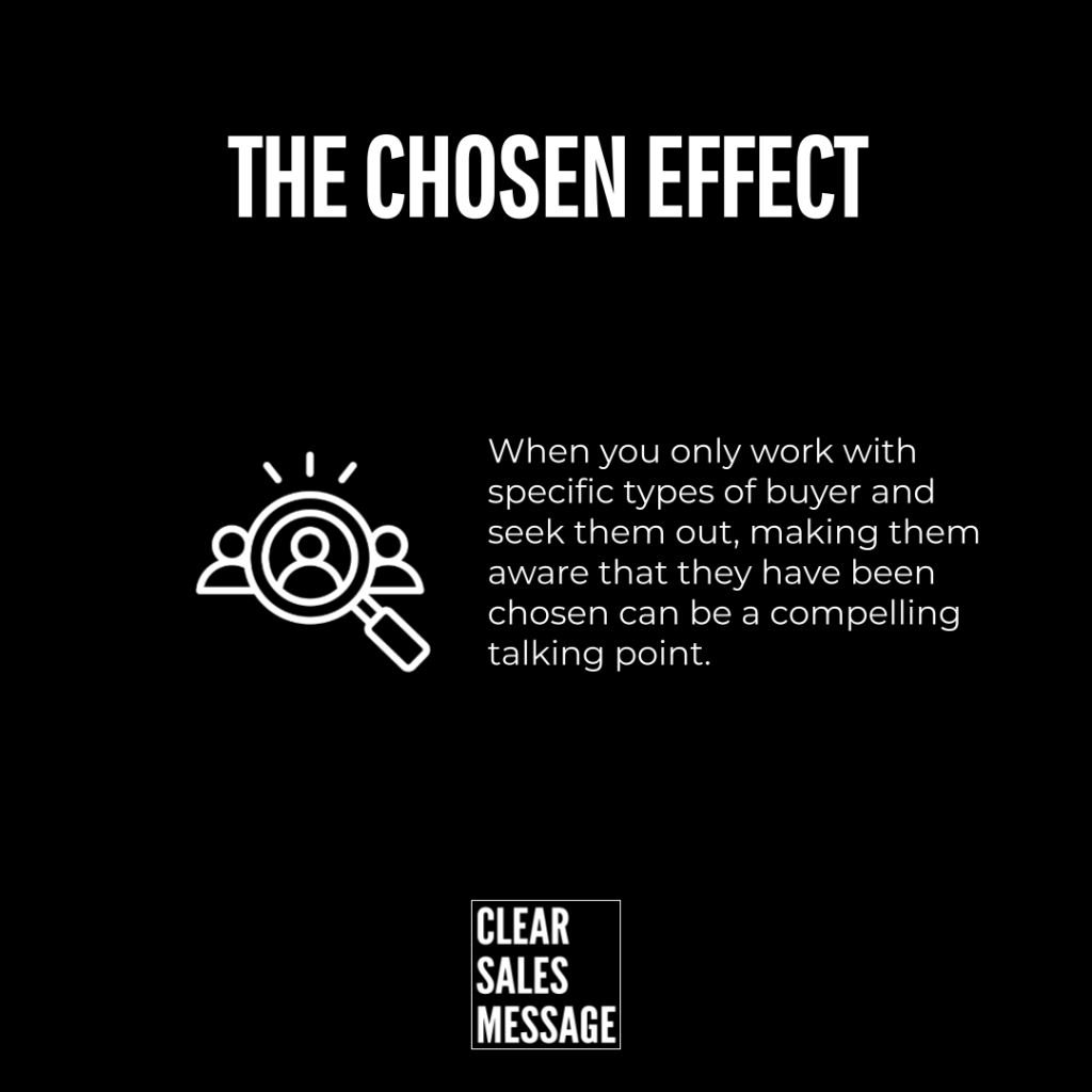 Black poster with the title the chosen effect a left side magnifying glass over people icon and right side paragraph about targeting specific buyers plus a clear sales message logo at the bottom