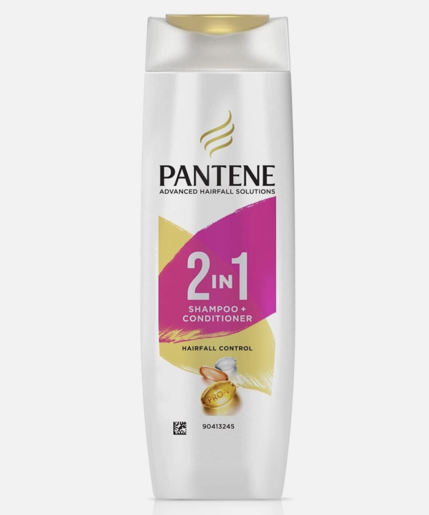 Screenshot 2024 03 18 at 09 44 00 Pantene 2 in 1 shampoo and conditioner bottle with advanced hairfall solutions branding white container with pink and yellow label design