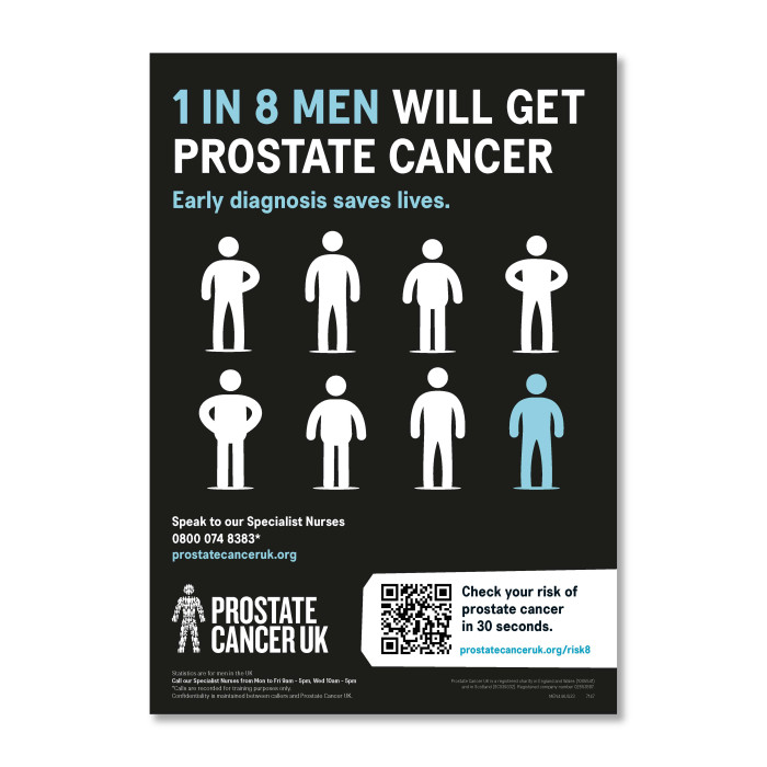 Poster stating 1 in 8 men will get prostate cancer with nine human icons one blue and the tagline early diagnosis saves lives plus a qr code and charity logo for prostate cancer uk