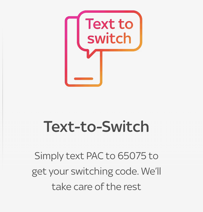 Hard to leave effect Text to switch hero speech bubble logo with instructions to text pac to 65075 for a switching code