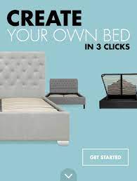 Ad for custom bed maker text says create your own bed in 3 clicks with a bed a gray chair and a platform on a light blue background call to action get started