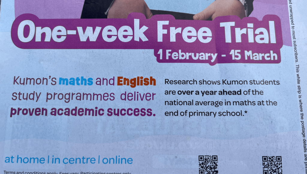Screenshot 2024 03 23 at 20 59 26 1 Bold headline one week free trial with dates february 1march 15 on a purple banner ad for kumon maths and english study programmes