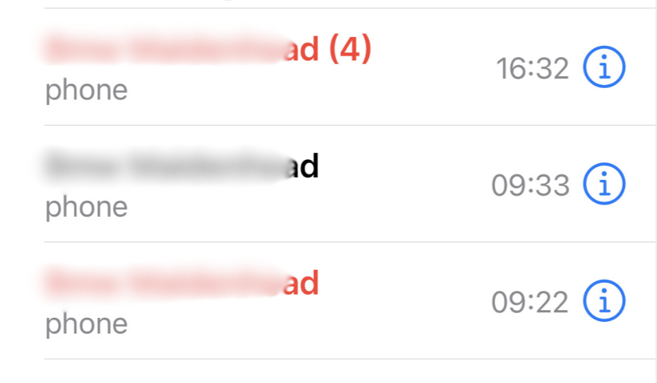 Iphone call log with blurred contact names a phone label times 1632 0933 0922 and an info button on the right
