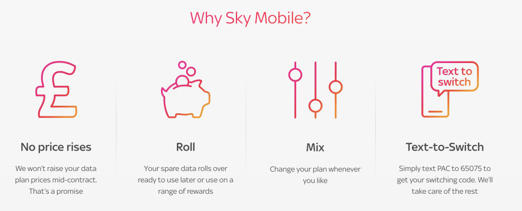Why sky mobile Four feature cards no price rises roll mix text to switch
