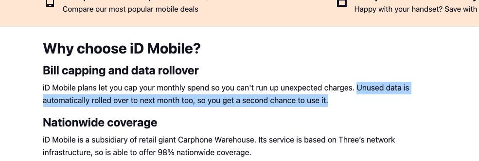 Section from a mobile provider page why choose id mobile  with bill capping and data rollover and nationwide coverage and a highlighted note about unused data rolling over to the next month
