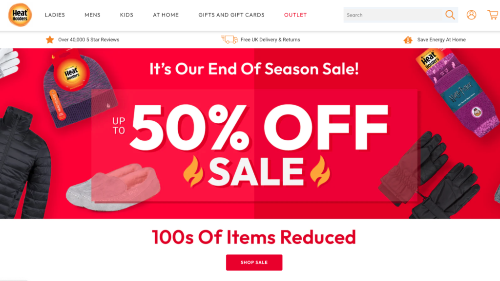 Hero banner for heat holders announcing end of season sale up to 50 off on winter items jackets gloves slippers with a bold red background