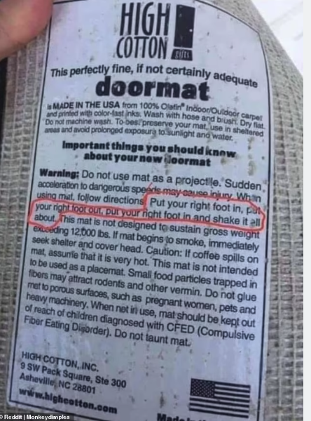 Screenshot 2024 03 20 at 12 16 38 Close up of a worn doormat label from high cotton showing warnings and instructions a bold line reads put your right foot in put your right foot out