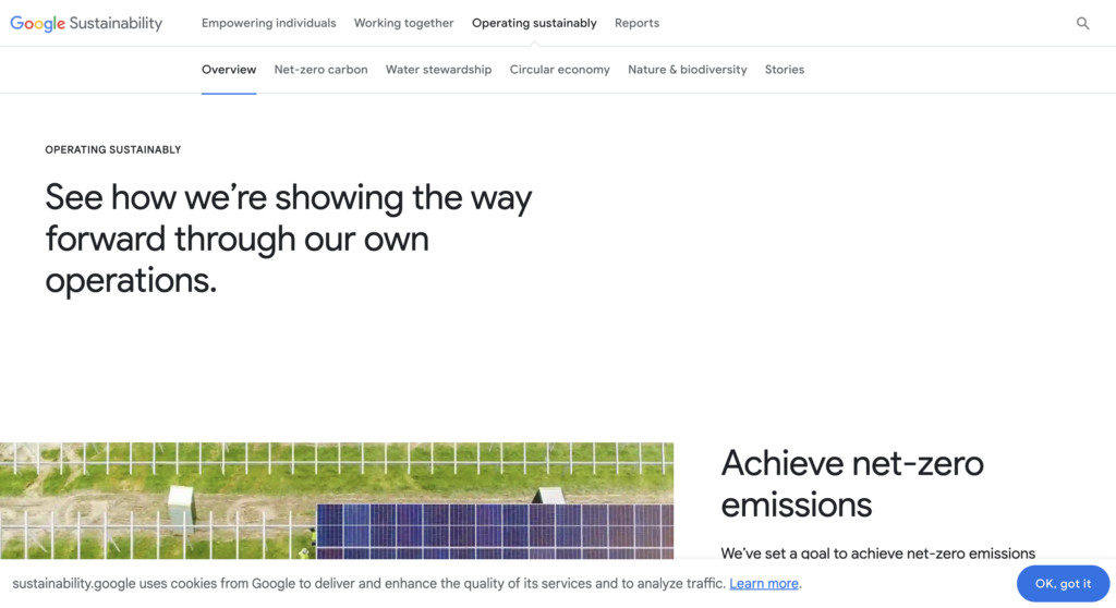 Screenshot 2024 03 18 at 09 21 11 Hero section of google sustainability page with large headline about showing the way forward through our own operations and navigation bar above