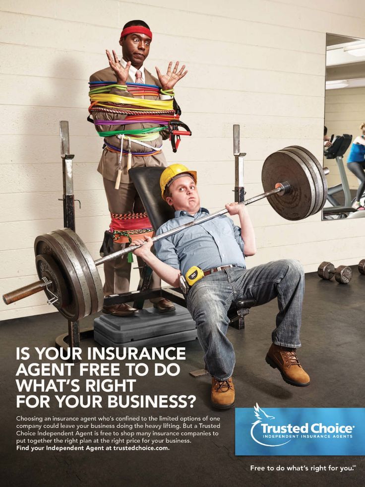 Humorous insurance ad man bound with colorful bands behind a man bench pressing heavy weights with trusted choice logo