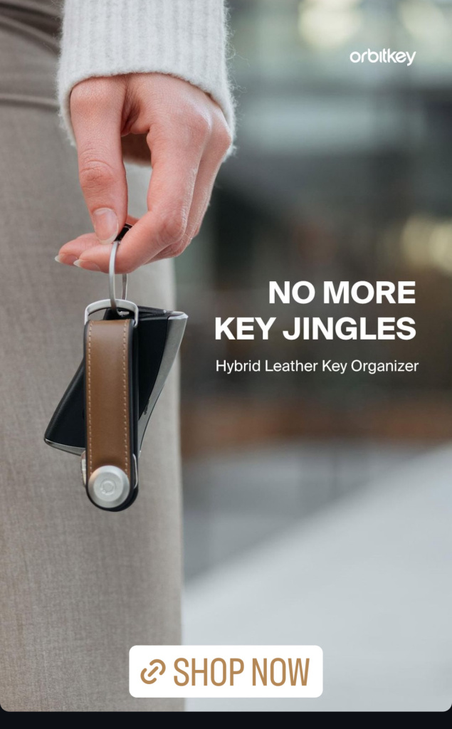 Hand gripping a brown and black hybrid leather key organizer ad reads no more key jingles with hybrid leather key organizer text Readable orbitkey branding and a shop now cta at bottom