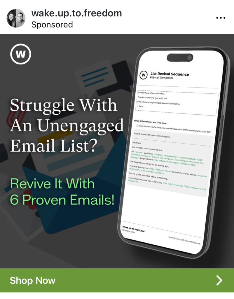 Sponsored ad smartphone showing an email template on screen with the headline struggle with an unengaged email list Revive it with 6 proven emails  and a green shop now bar