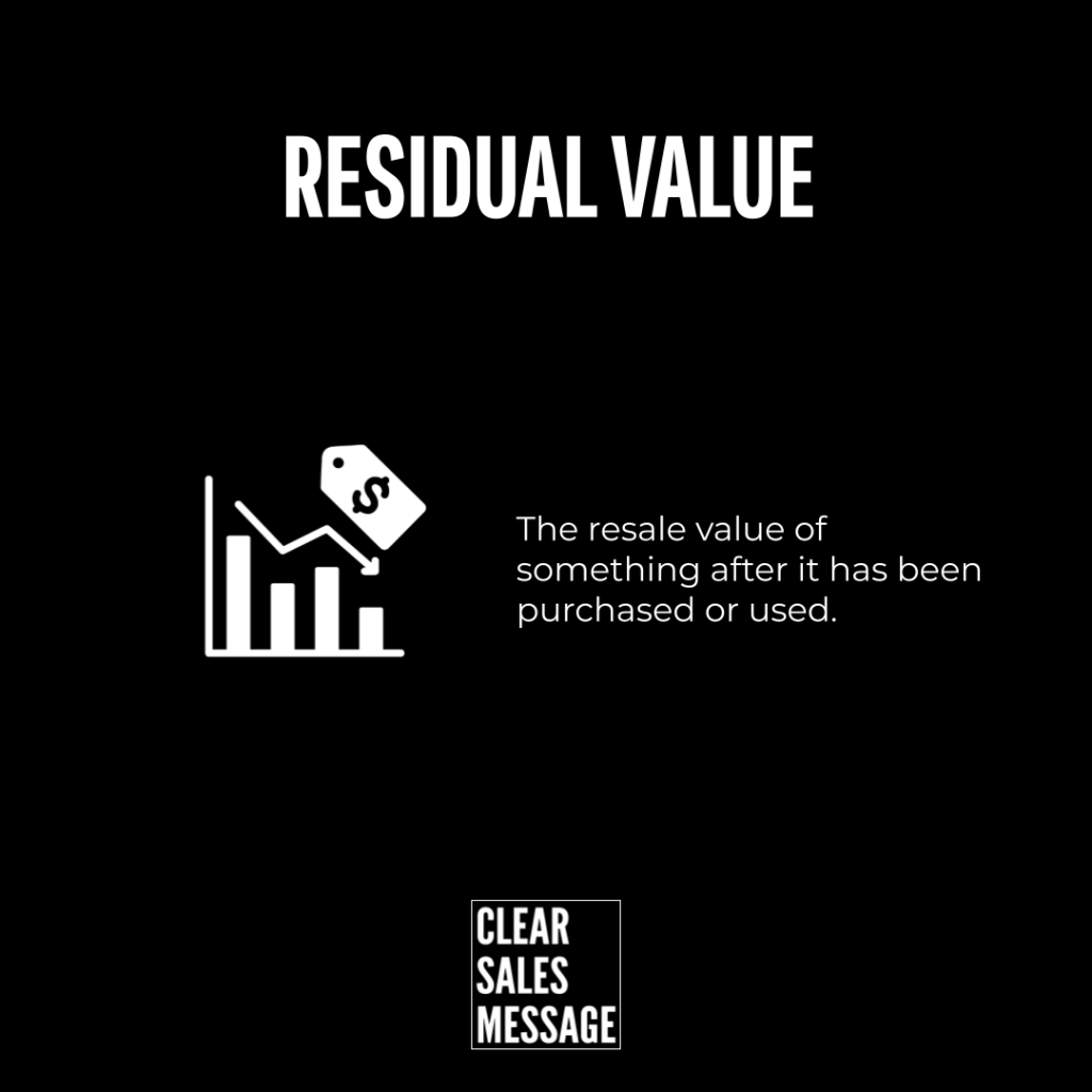 Black slide with the title residual value and a white bar chart with a price tag icon beside the definition of resale value Includes clear sales message logo