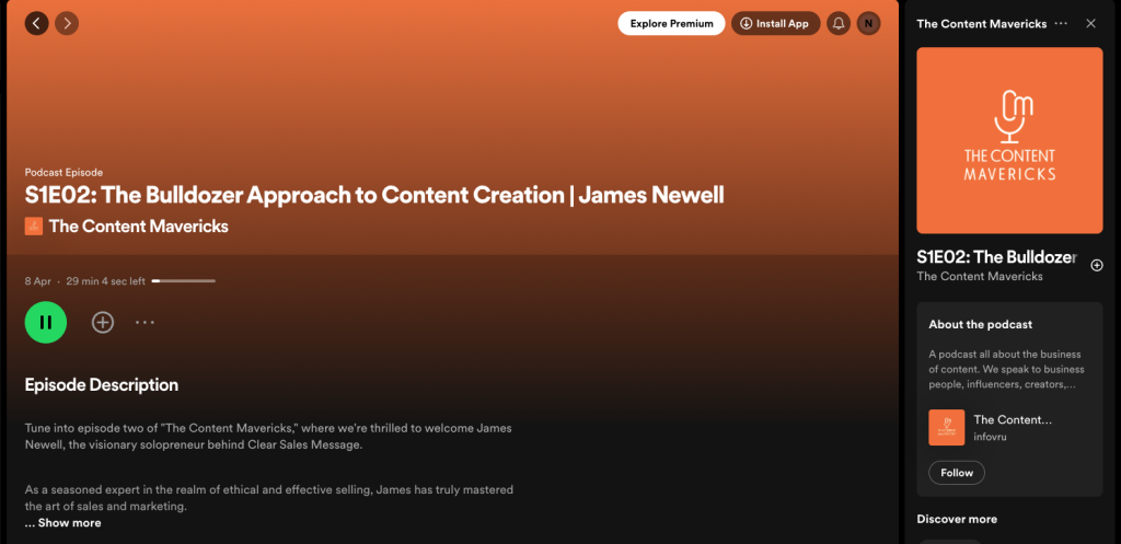Podcast episode page for the content mavericks s1e02 the bulldozer approach to content creation with james newell on a gradient orange header