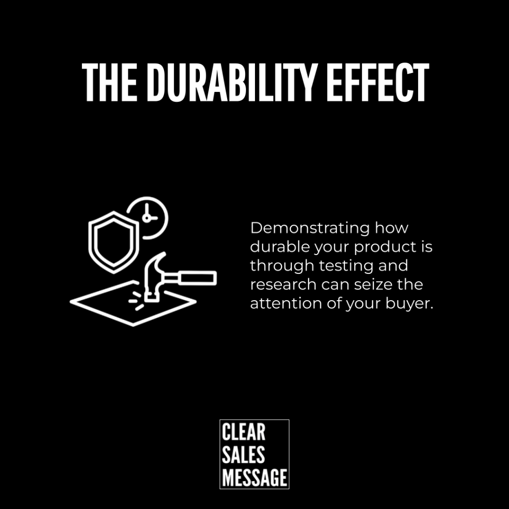 The durability effect Bold black poster reading the durability effect left white line icons of hammer shield and impact on a platform right descriptive text about durability testing bottom small clear sales message box