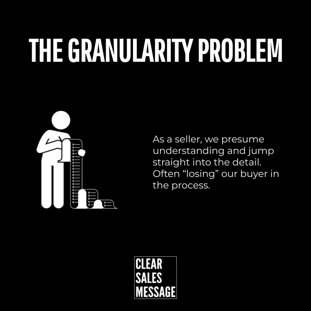The granularity problem Black poster with the title the granularity problem in white a white stick figure measuring with a ruler on the left and the quote about sellers losing buyers on the right plus a clear sales message logo at bottom