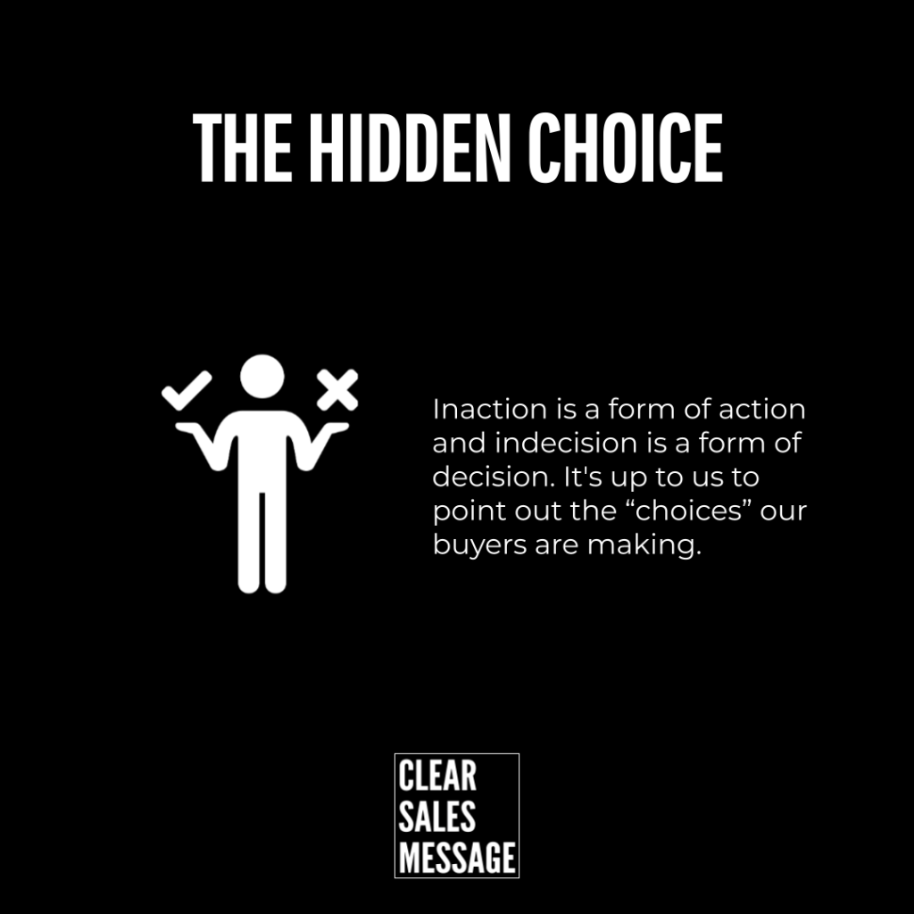 The hidden choice Poster titled the hidden choice explains inaction is a form of decision with a shrugging figure and checkx icons on a black background bottom shows clear sales message logo