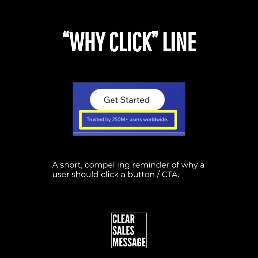 Why click line Slide like image explaining why users should click a cta showing a get started button and a highlighted trust badge with a note about motion to persuade