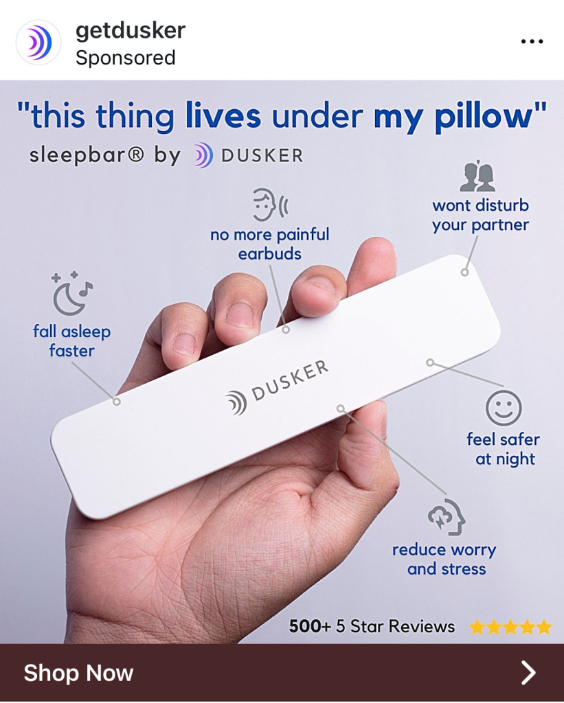 Img 6749 Sponsored ad for dusker sleepbar showing a white sleep aid with features like fall asleep faster and feel safer at night with 500+ 5 star reviews