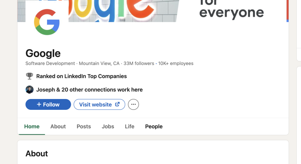 Google company header with logo location followers employees and action buttons