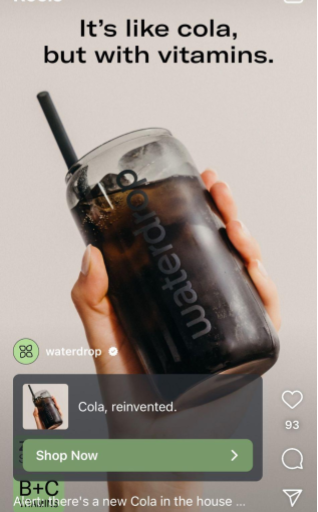 Close up of a hand holding a dark cola flavored waterdrop bottle with an integrated straw caption reads its like cola but with vitamins