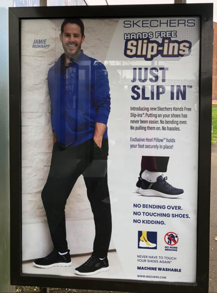 Advertisement poster showing a man in a blue jacket promoting skechers hands free slip ins with the just slip in slogan and product image on the right
