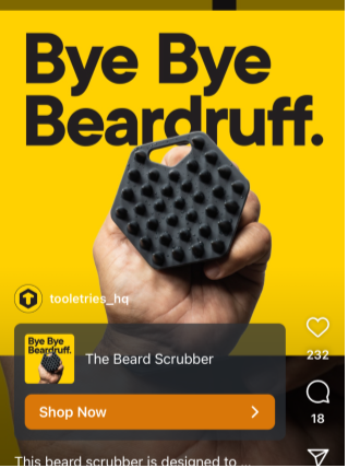 Beard scrubber held in a hand with a bright yellow background and bold text bye bye beardruff  behind it promoting the beard scrubber