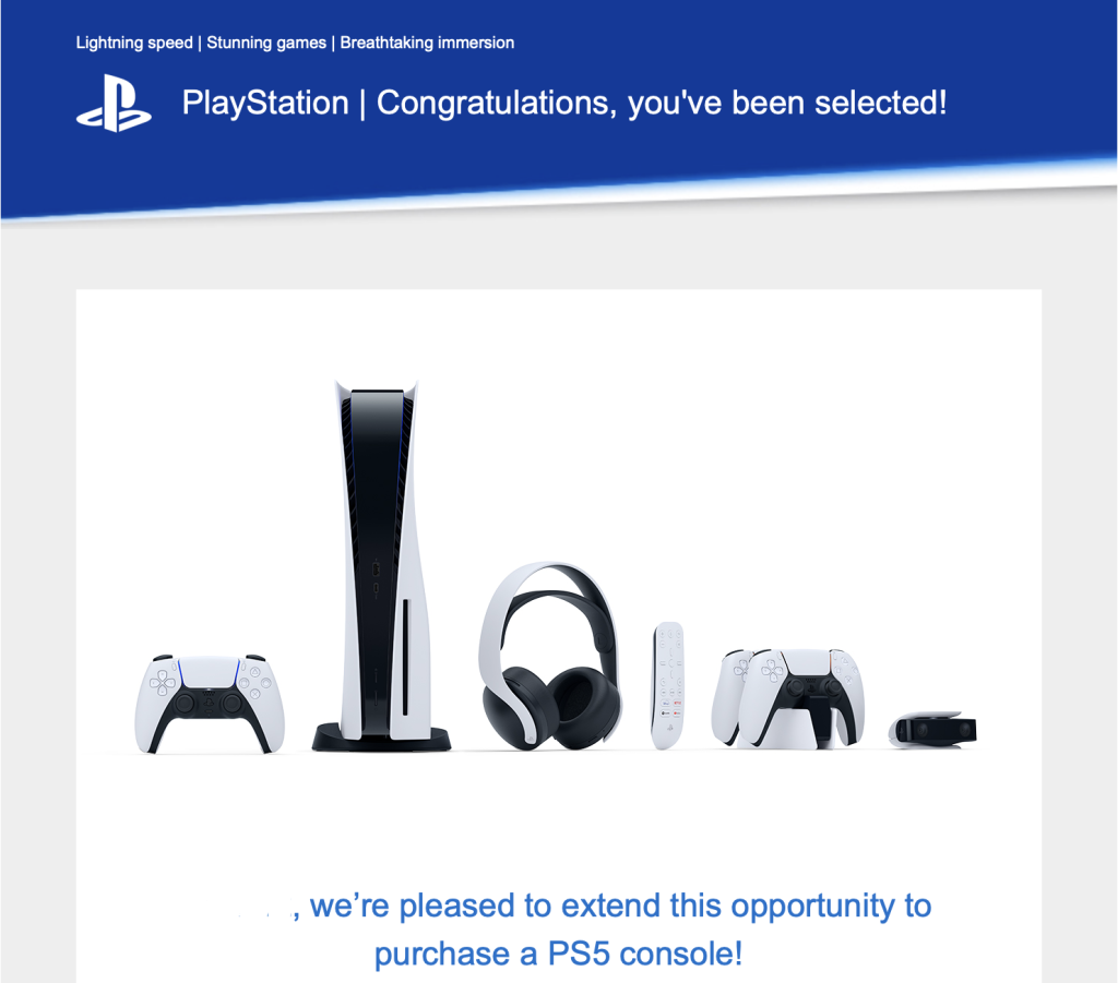 Blue playstation banner with logo and headline congratulations youve been selected  above a row of ps5 console and accessories on white background