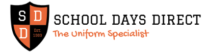 Logo for school days direct with a shield containing sd and est 1989 followed by the text school days direct and the orange tagline the uniform specialist