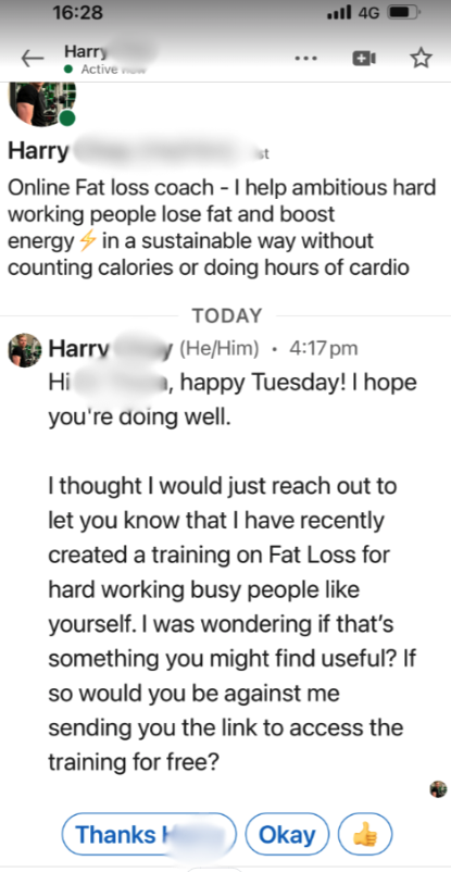 Mobile chat screenshot showing harry a fatloss coach inviting you to a free training for busy people with reaction buttons below thanks okay 👍