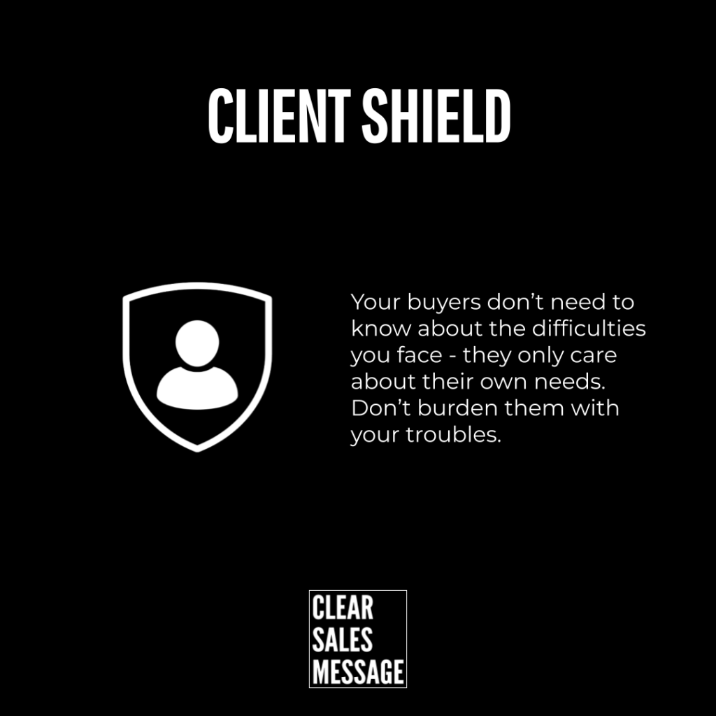 Client shield Black background featuring the title client shield a white shield icon with a person on the left and buyer focused text on the right with a small clear sales message logo at the bottom