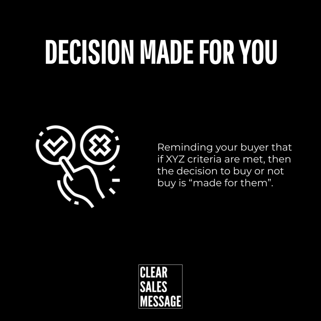 Decision made for you Slide with title decision made for you and a hand icon selecting check or cross text says buyers prefer decisions made for them clear sales message logo bottom