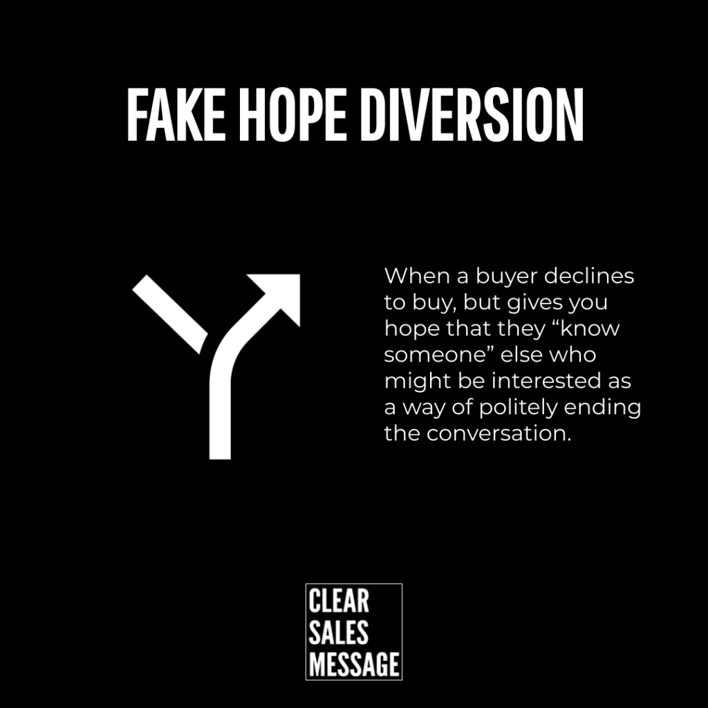 fake hope diversion title on black background with a white split arrow graphic on the left and a paragraph about buyers offering to refer someone else plus a small clear sales message logo at the bottom