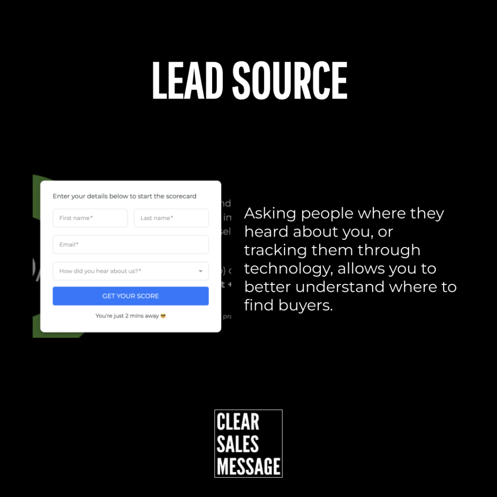 Lead source Hero section with lead source title a white lead capture form overlay on a black page and a clear sales message logo below