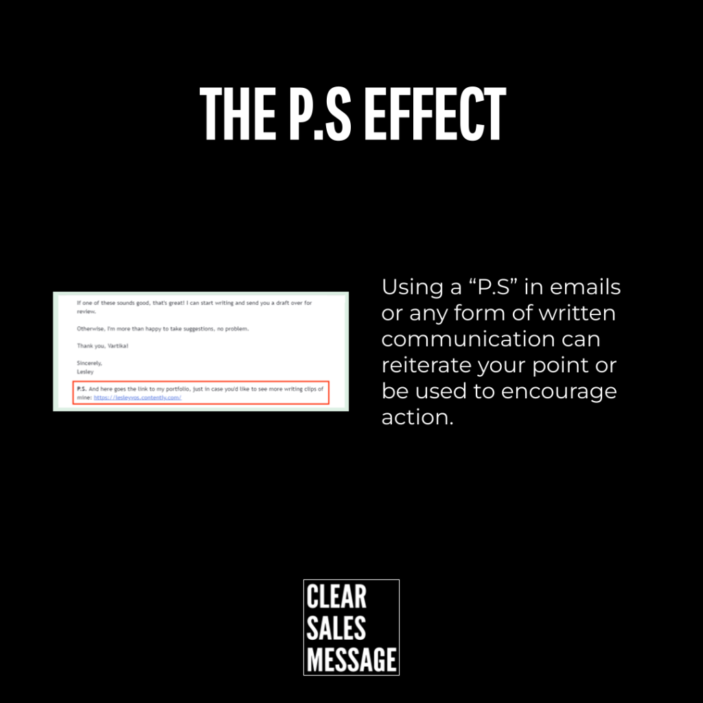 The ps effect Black slide with large white title the p S effect and a paragraph about using a p S In emails inset screenshot shows a p S Line highlighted in red bottom logo reads clear sales message