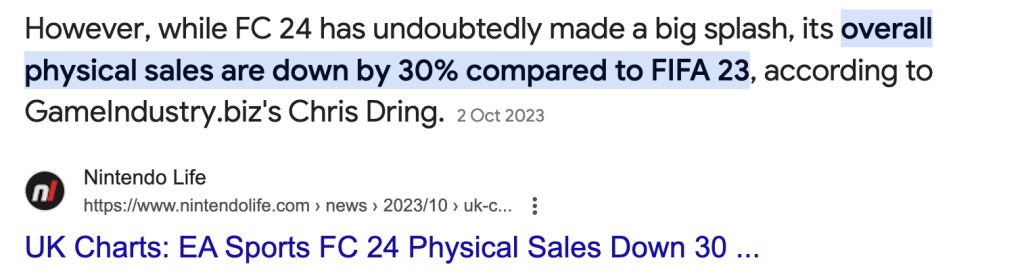 News headline fc 24 physical sales down 30 vs fifa 23 according to chris dring oct 2 2023