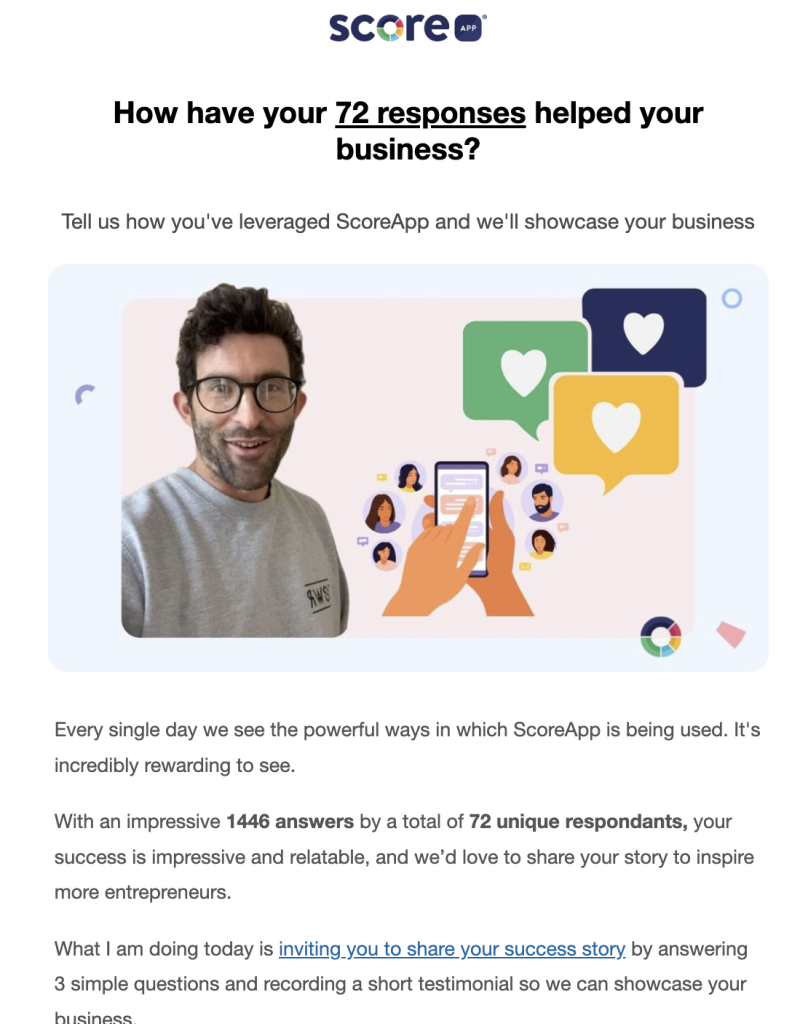 Hero image for scoreapp page man in a gray shirt with a phone and colorful chat bubbles representing responses and engagement