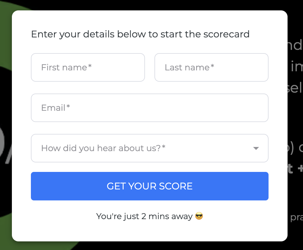 Modal form enter your name email and referrer to get your score with a blue cta button