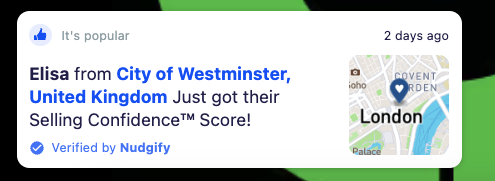 Notification card announcing elisa from city of westminster united kingdom earned their selling confidence score with a small london map thumbnail and a 2 days ago timestamp